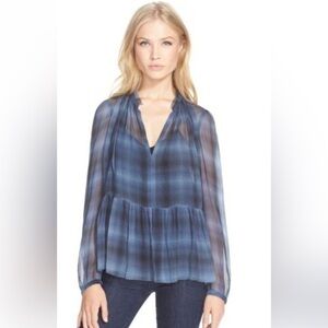 Rebecca Taylor Silk Top Blouse Womens 4 Blue Plaid Sheer V Neck Ruffle Flounce